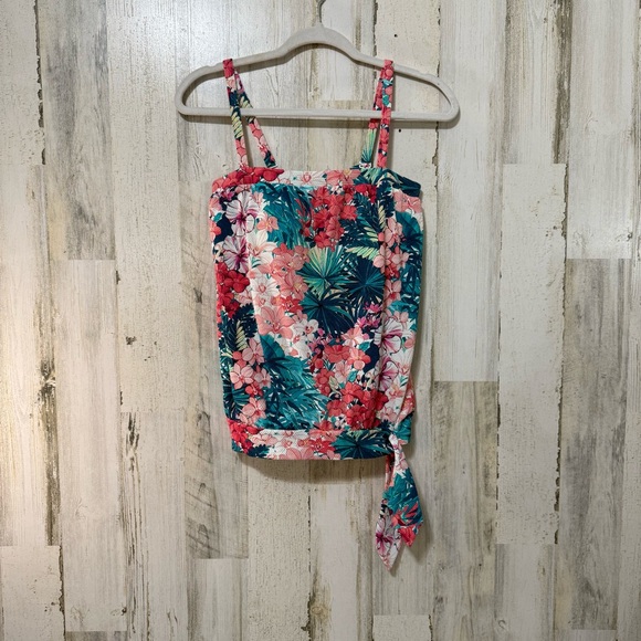 Beach House Pink Green Blue Textured Floral Relaxed Fit Tie Front Bikini Top - Picture 2 of 11